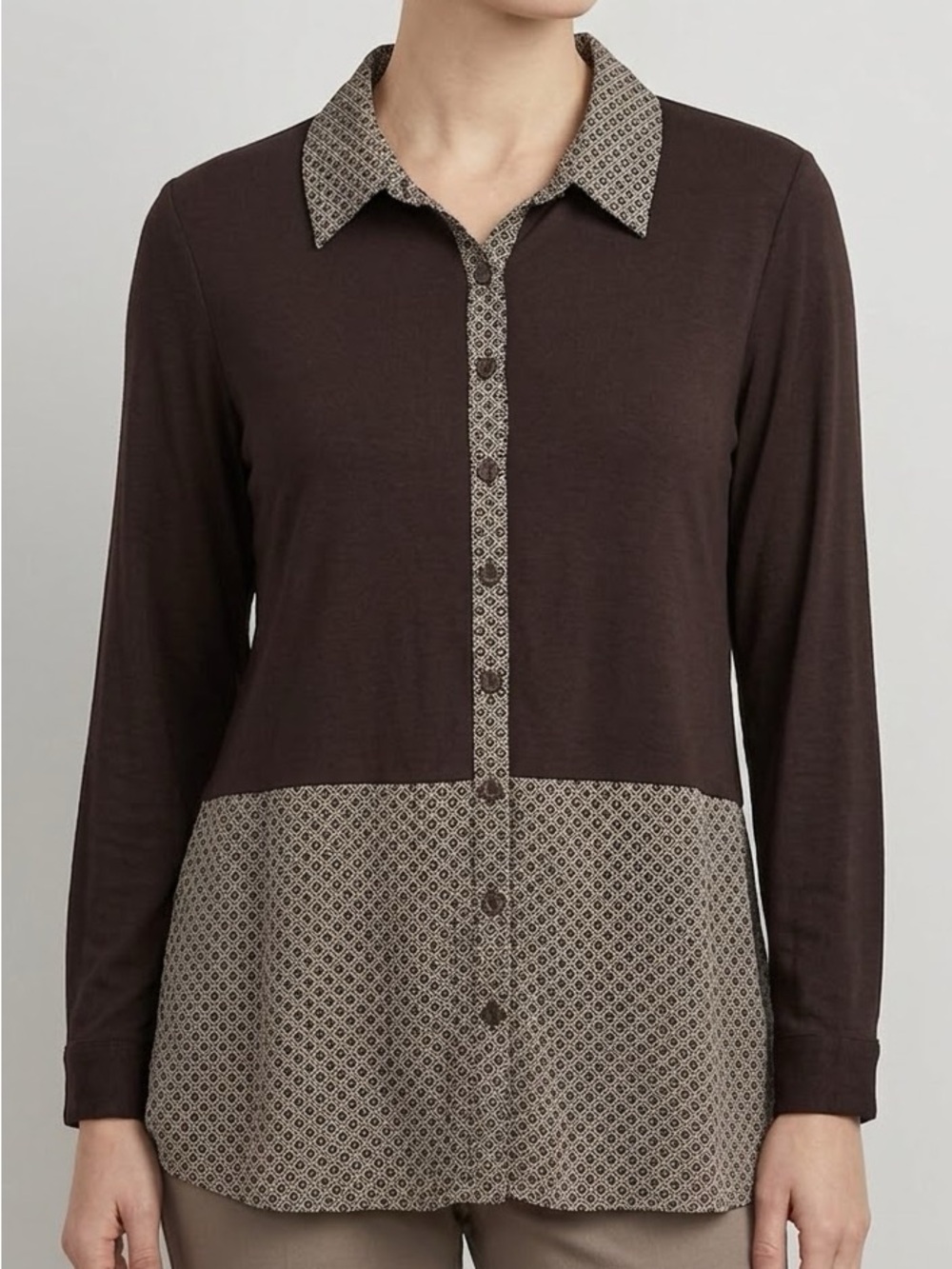 roz & ali Black and Cream Patterned Button-Front Womens Blouse